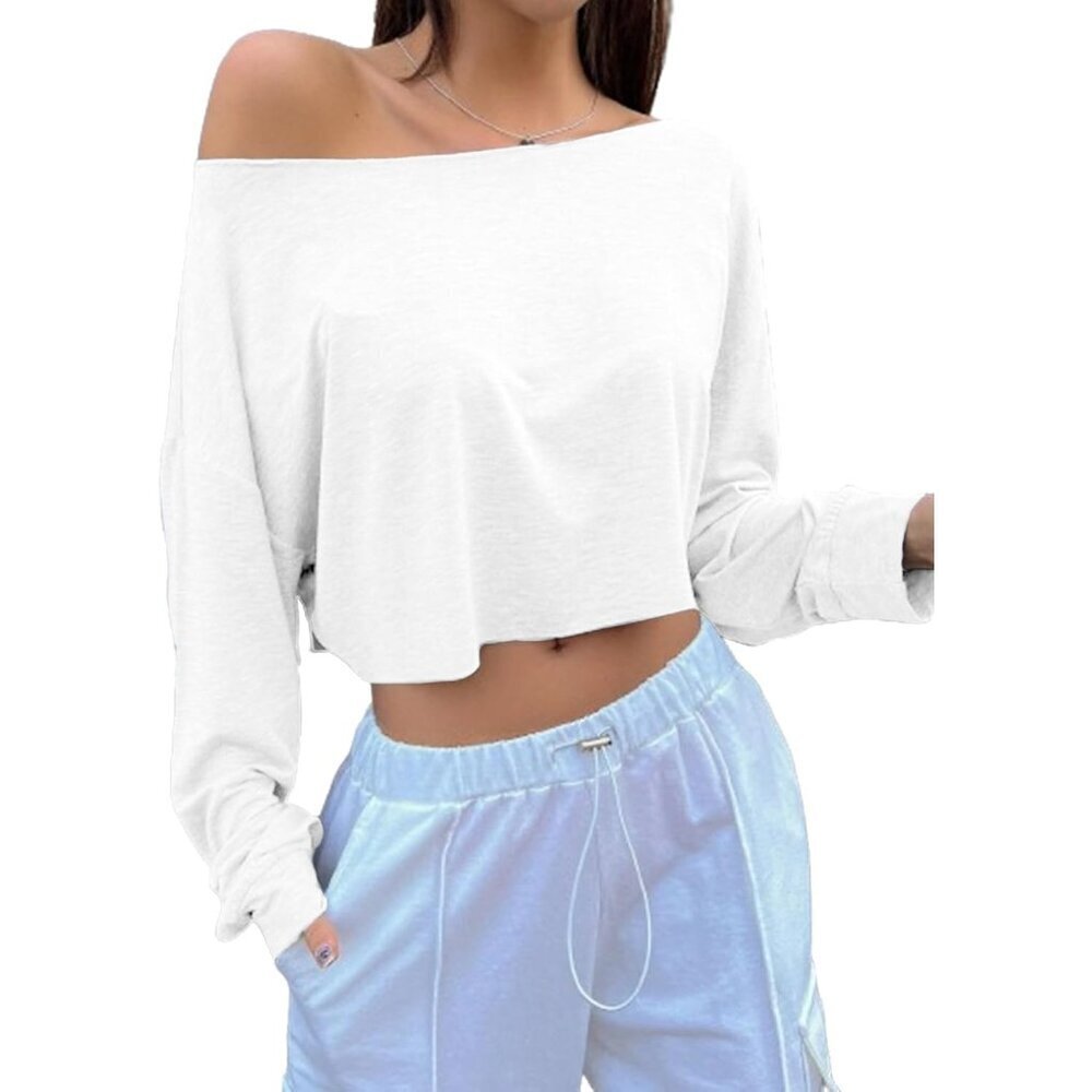 Women's Off Shoulder Long Sleeve Crop Top Boat Neck Loose T Shirt White XS